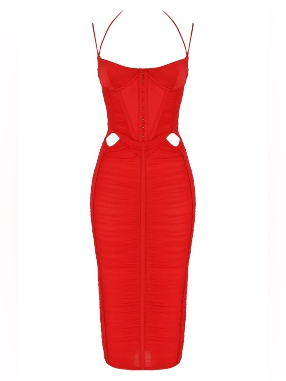 House of CB Maya Ruched Corset Midi Dress in Scarlet